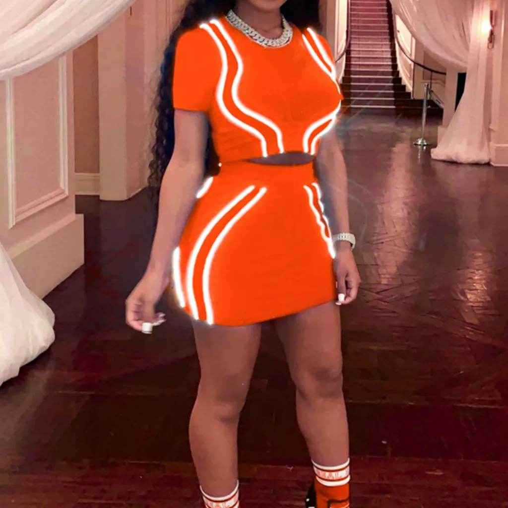 

Feitong Bodycon Women's Two Piece Set Lady's Short Sleeve O-Neck Skirt Set Reflective Stitching Mini Dress Suits Dresy Damskie