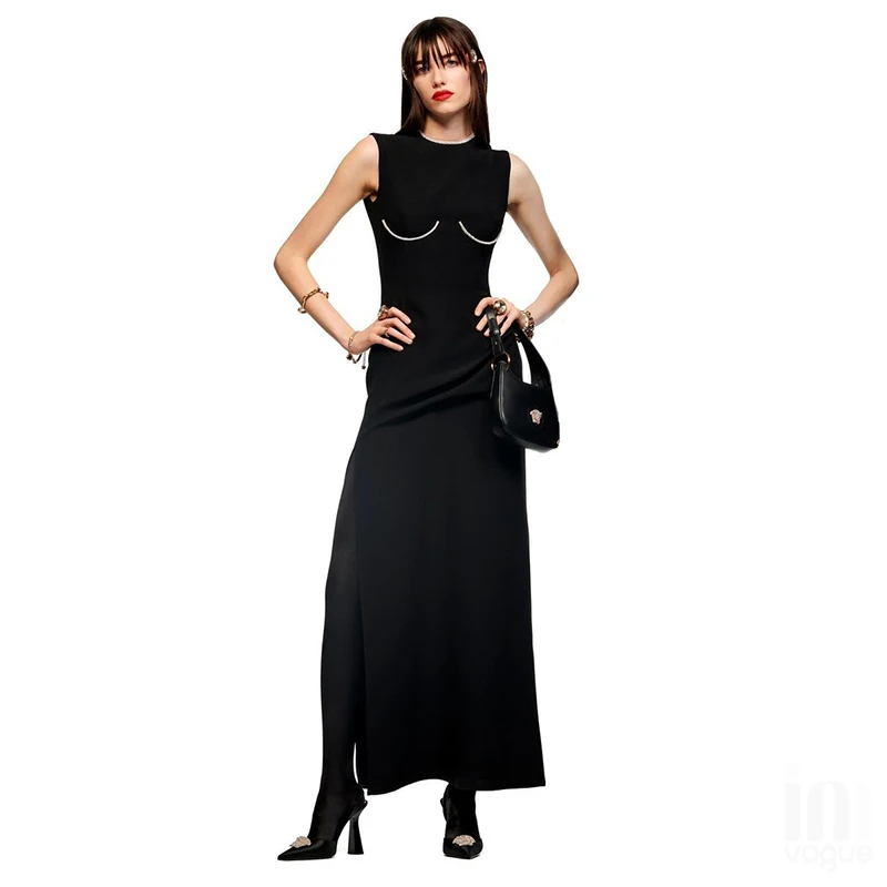 

2021 Fashion Diamonds Black O Neck Sexy Sleeveless Women Bandage Maxi Dress Ladies Elegant Casual Slim Party Vestidos BD2114