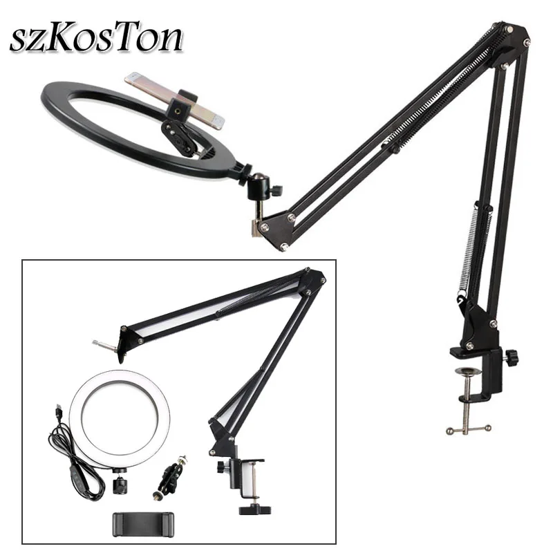 Online Dimmable 26cm anillo de luz 3200 5500K cálido lámpara fría con brazo largo escritorio Tablet teléfono soporte Video fotografía en vivo Selfie Luz