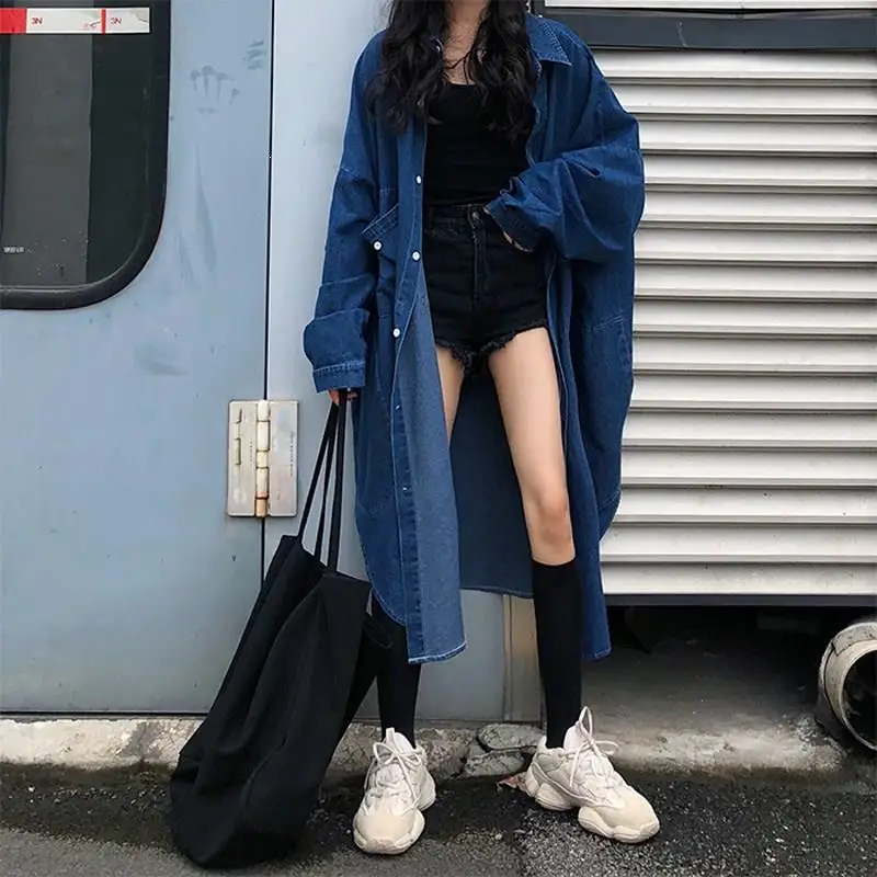 

Harajuku Long Lapel Oversized Jacket Fall Pockets Single-Breasted Denim Jackets Button Casual Solid Loose Split Windbreaker
