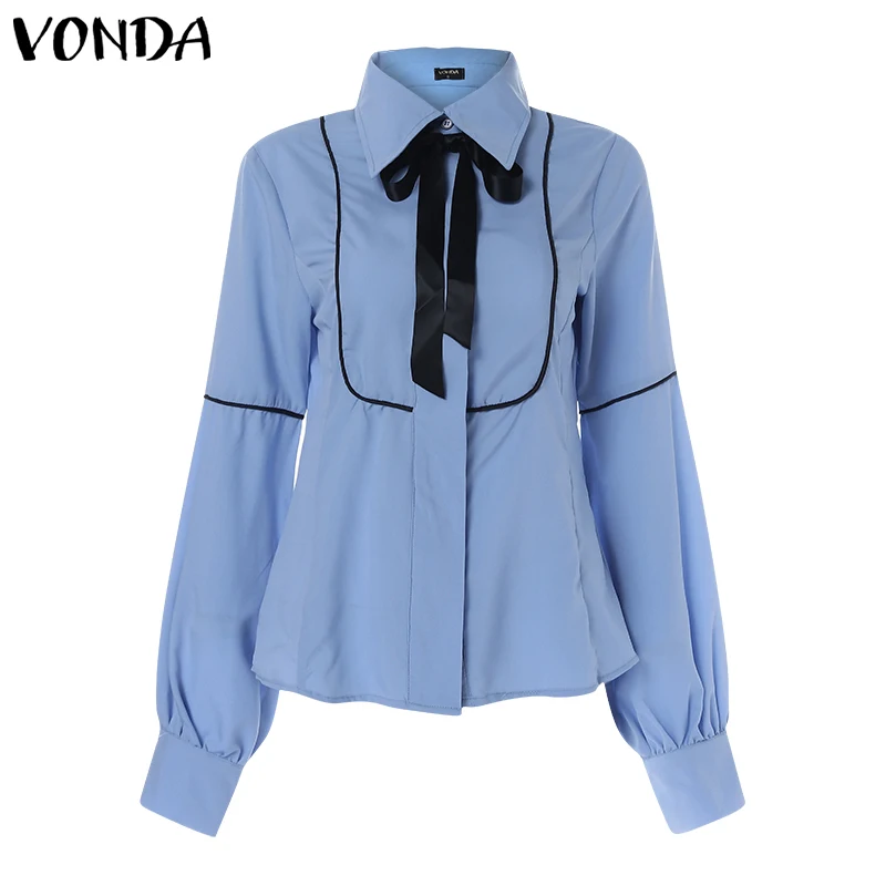 Blue VONDA Женская Офисная рубашка Осенняя блузка женская сексуальная рубашка с рукавом-фонариком и отложным воротником повседневные топы размера плюс Blusas S-5XL - Цвет: Blue