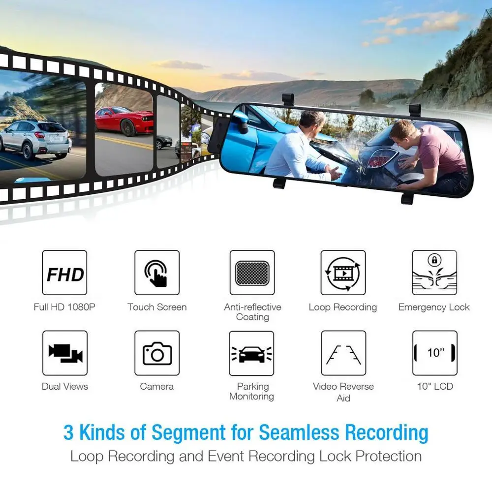 Горячая 10 дюймов HD 1080P двойной объектив Автомобильный видеорегистратор зеркало
