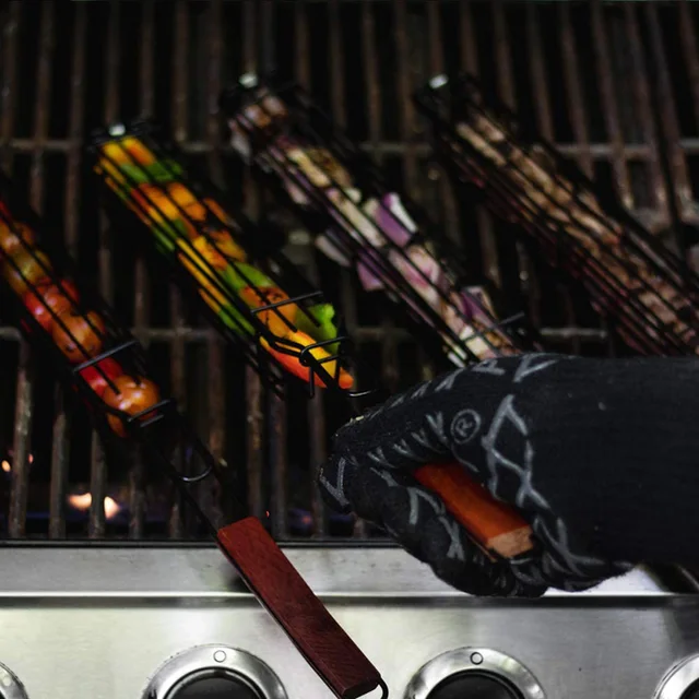 Tartós Kabob Grillező Kosár Újrafelhasználható Korróziógátló Fa Fogantyú Szerszám Grill Háló Munkatárs Számára - Image 3