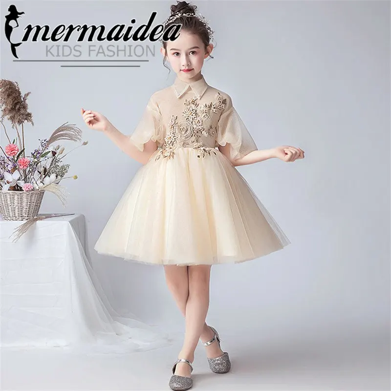 

Summer Luxury Kids Baby New Sweet Evening Birthday Party Golden Color Fluffy Prom Dress Little Girls Infant Pageant Tutu Gift