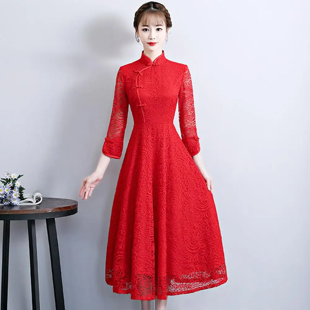 Труба для женщин Свадебное платье Роскошные элегантные кружева Cheongsam воротник мандарина Длинные сетки Qipao сексуальная сетка Vestidos De Festa - Цвет: Red A