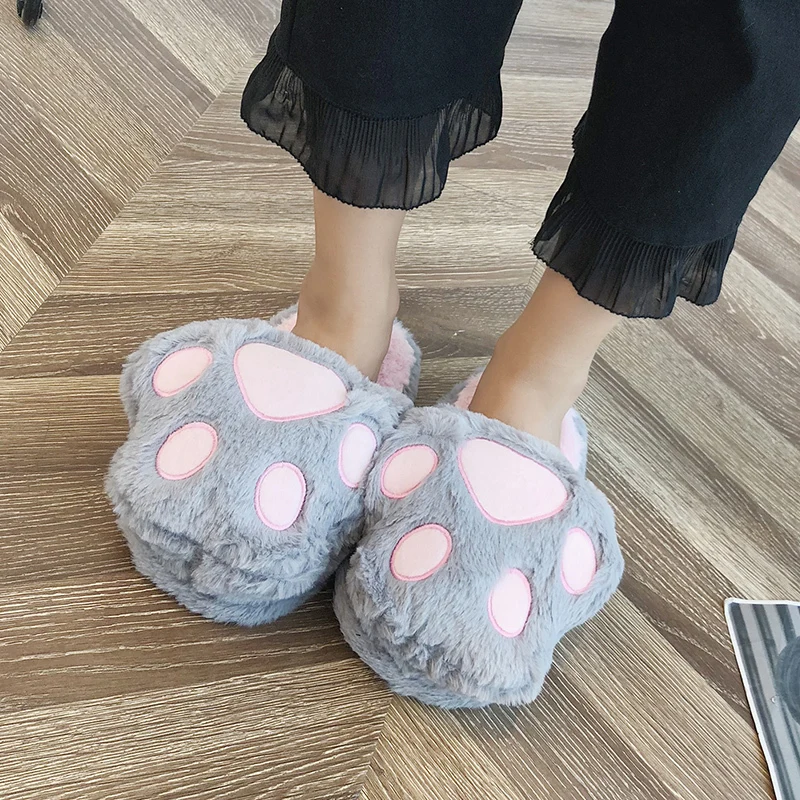 

Winter Women Home Slippers With Faux Fur Fashion Warm Comfortable Bedroom Shoes Woman Slides Cartoon Bear Paw Soft Home Slippers