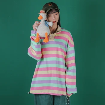 

Women Long Sleeve Rainbow Stripe Loose Casual Pullover T Shirt Hoodie Female Men Streetwear Hip Hop Plus Size Preppy Style Coat