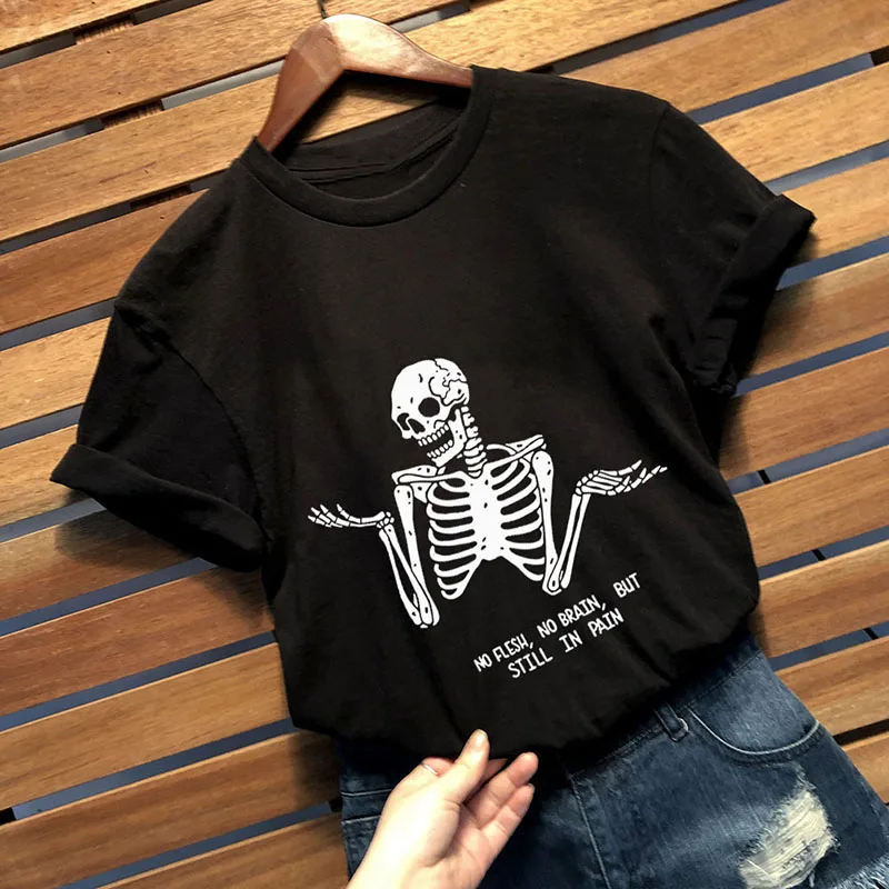 Женская футболка с черепом в стиле панк-рок, футболка с графическим принтом Femme Cool в виде скелета на Хэллоуин, футболки с принтом, хлопковые топы с круглым вырезом, унисекс, Прямая поставка