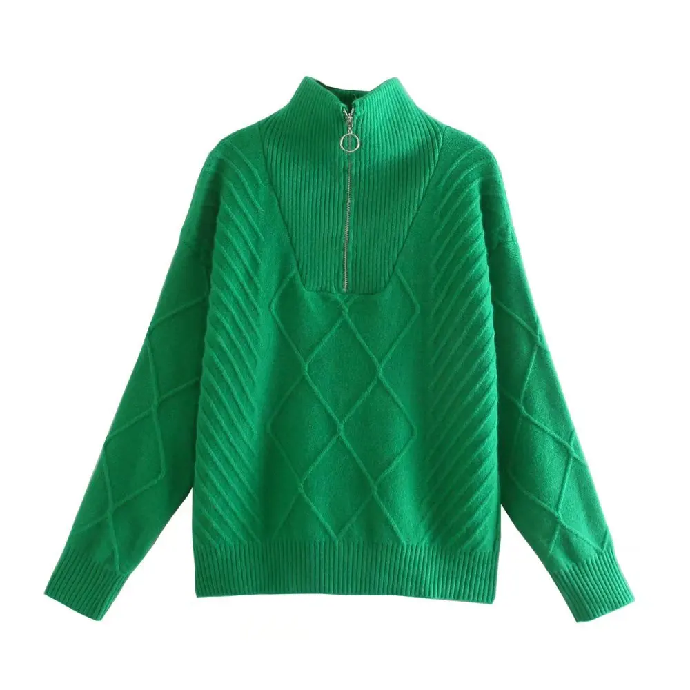 Women Green Twist Zipper Turtleneck Knitted Sweater Jumper Female Elegant Oversize Pullovers Chic Tops | Женская одежда