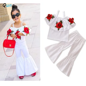 

Fashion Girls Clothing Set Flower Out-Off-Shoulder Tops Solid Boot Cut Pant Kids Clothes for Girl Summer Toddler Children Suits
