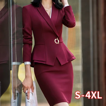 

Elegant Women Suit Skirt Office Lady Formal Ruffle Waist Jacket+Skirt 2 Pcs Set Jacket Skirt Suit