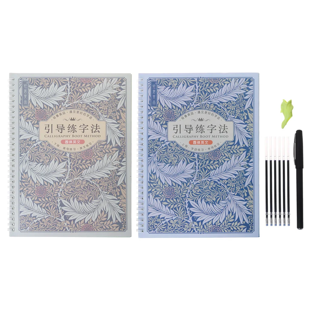 2 English Reusable Groove Calligraphy Boot Method Alphabet Words Letters Practice Copybook With Pen Refills Set For Beginners