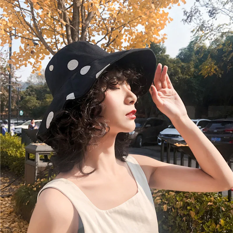 Sun Hat Women Summer Foldable Bucket Hat Harajuku Large Brim Dot Printed Beach Sun Hat Japanese Style Yellow Black Khaki Beige   (1)