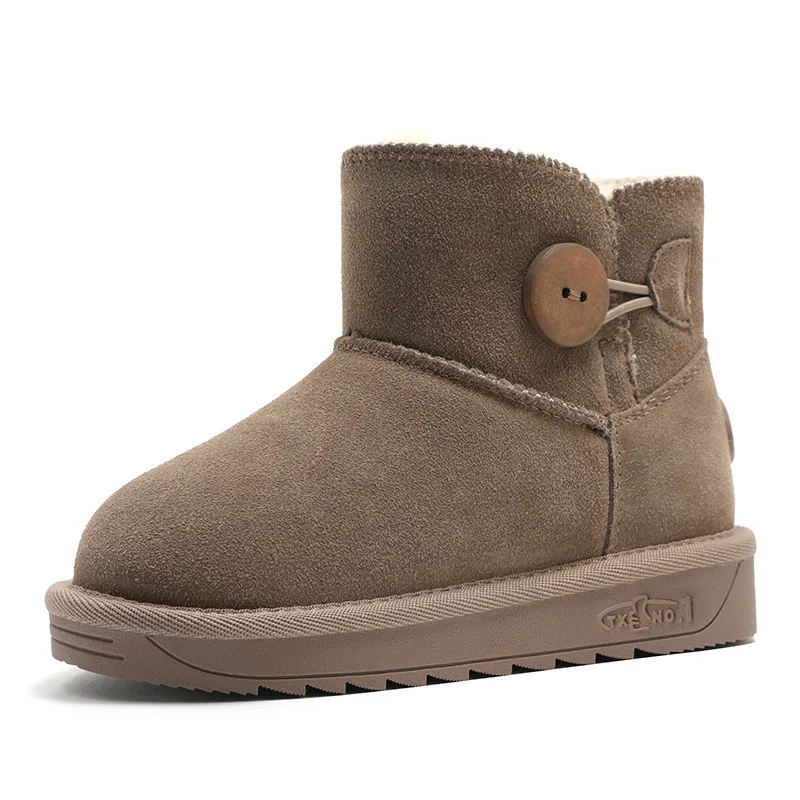 Khaki Одежда для мальчиков и девочек из натуральной кожи зимние ботинки плюшевые сапоги до лодыжки австралийские угги, сапоги; нескользящая подошва; ботинки на резиновой подошве для женщин; Botte Bebe Fille - Цвет: Khaki