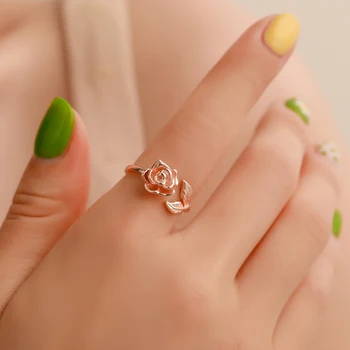 

Valentine's Day Gift Retro Rose Flower Leaf Silver Plated Rose Gold Copper Rings for Women