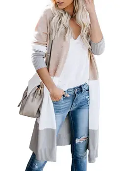 

Unique Nature Womens Open Front Sweater Long Cardigans Boho Long Sleeve Color Block Knit Lightweight Kimono Duster Coats