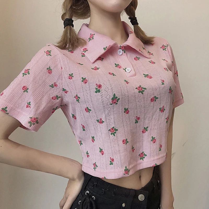 2020 Aesthetic Knitted Crop Top T Shirt Clothes Women Turn-down Collar  Sweet Pink Shirt With Floral Print - T-shirts - AliExpress