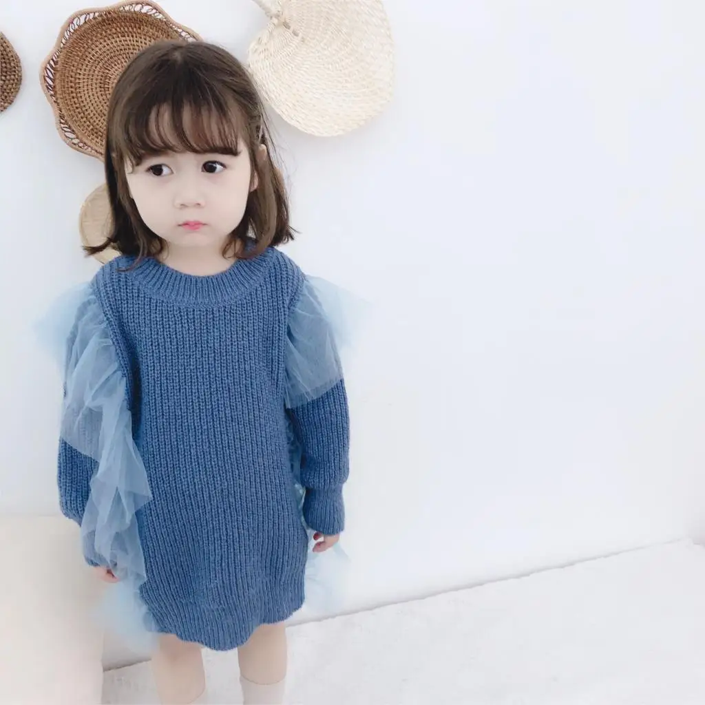 Welaken/кружевное Сетчатое платье для маленьких девочек; шерстяное платье с длинными рукавами; хлопковая Обычная Повседневная одежда; модная детская одежда - Цвет: Синий