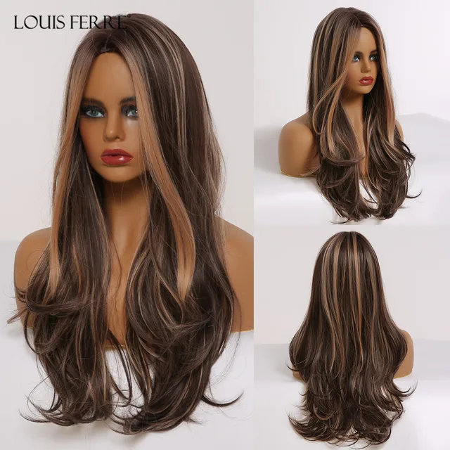 LOUIS FERRE Highlight Colored Wig for Women Long Wave Brown Blonde Ombre Bob Hair Wig with Bangs Daily Heat Resistant Fibre wig lc277-1