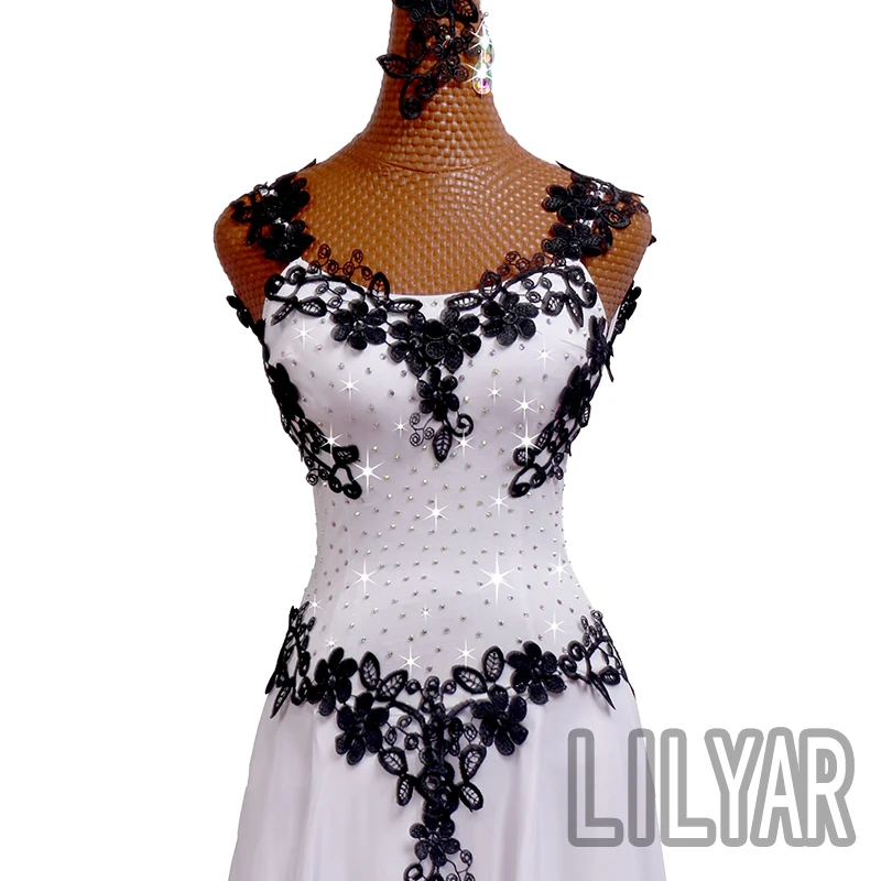 Ballroom Standard Competition Costume Performance Adult White Dance Dress Black Embroidery G
