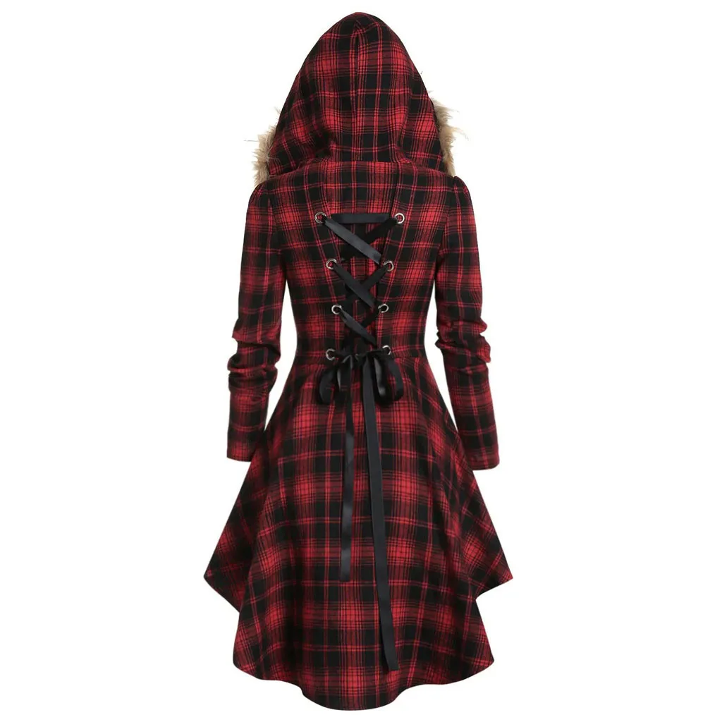 Fashion Plaid Warm Coat Casual Ladies Hooded Fur Collar Buttons Tunic Jacket Coat Female Winter Long Sleeve Womens Outerwear