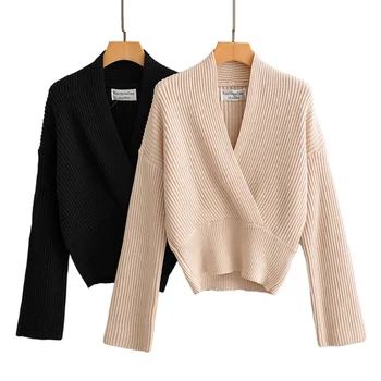 

Autumn Ladies Retro Cross V-neck Pit Stripe Wide Sleeve Waist Wrap Knit Loose Loose Oversized Knitted Blouse New Style