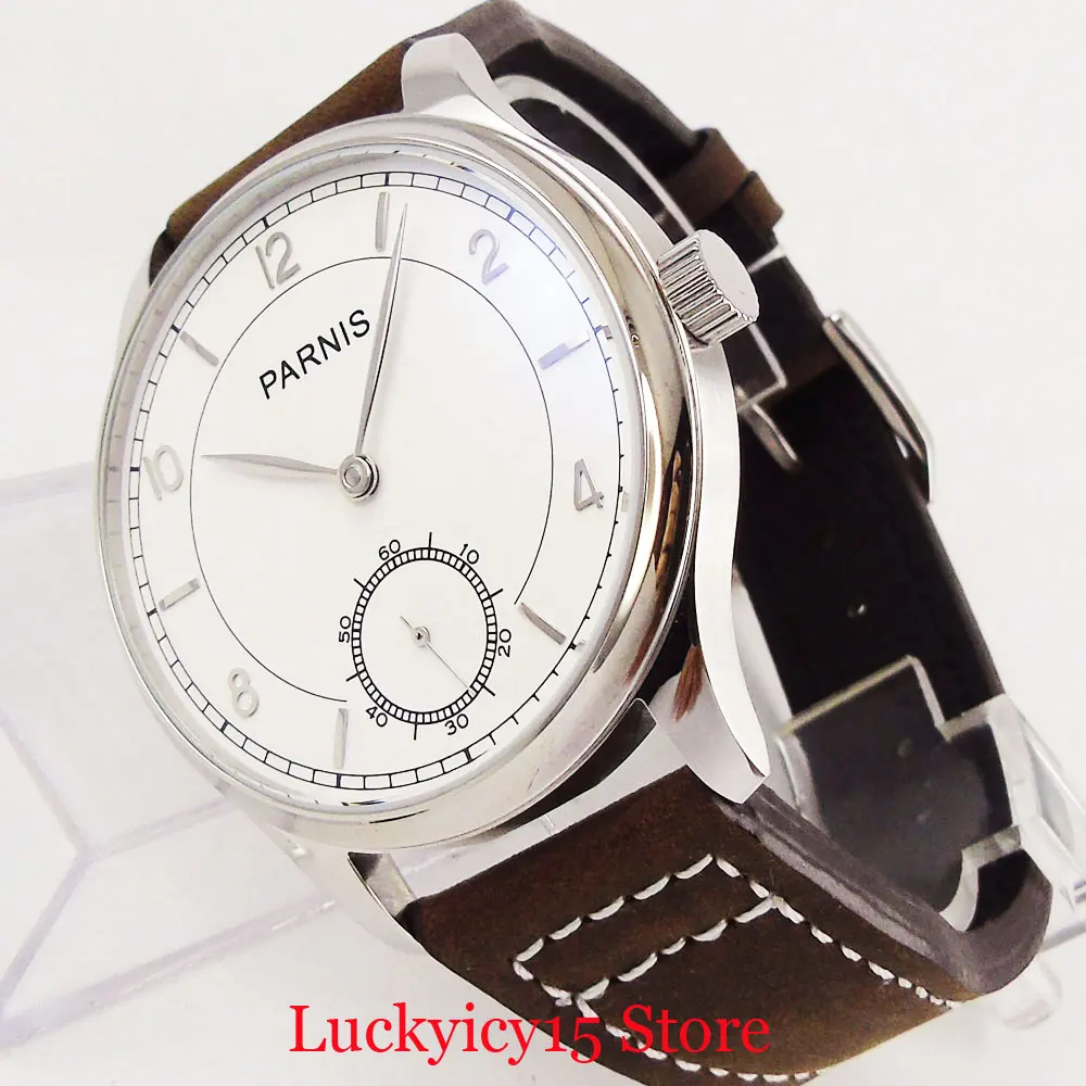 

PARNIS Simple 44mm White Dial Hand Wind Men Wristwatch 6498 Mechanical Movement