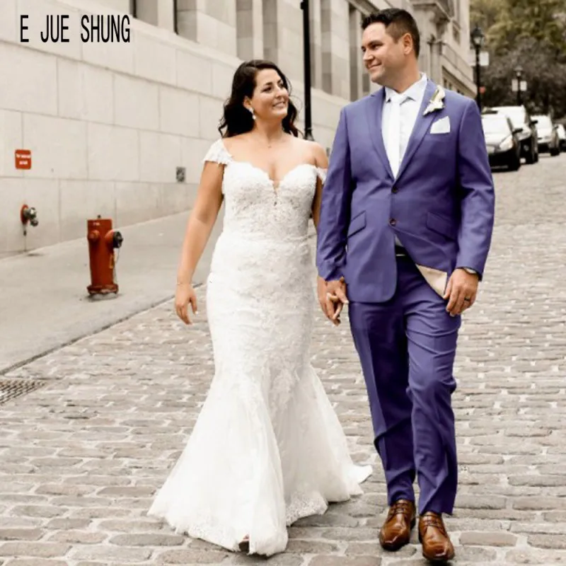 

E JUE SHUNG Mermaid Wedding Dresses Off the Shoulder Lace Up Back With White Appliques Bridal Gowns Robe De Mariee Wedding Gowns