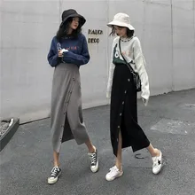 Сделайте видео серии «han» разделение на осень/зима# Трикотажный костюм юбка с высокой талией юбки на пуговицах