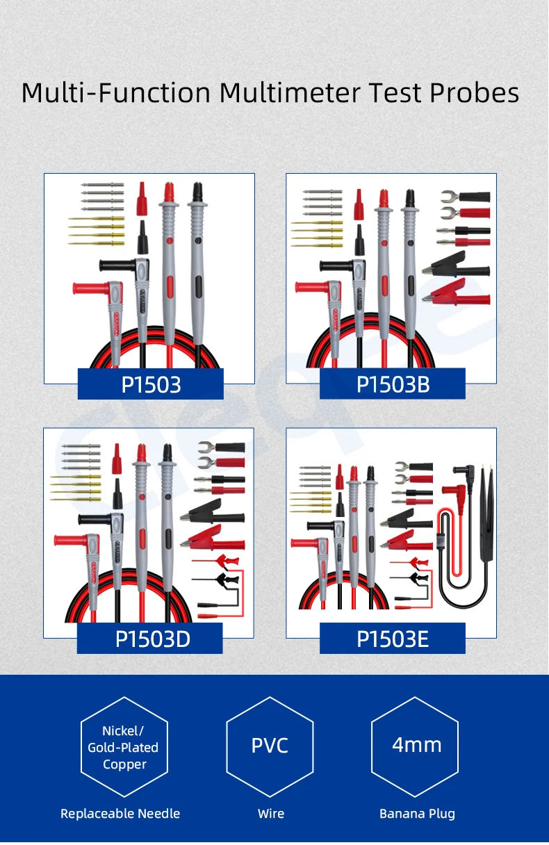 Cleqee P1503E 21-teiliges Multimeter-Messleitungs-Set mit austauschbaren Nadelsonden, Krokodilklemme, 4 mm Bananenstecker, PVC-Kabel, 1000 V – Detail 1