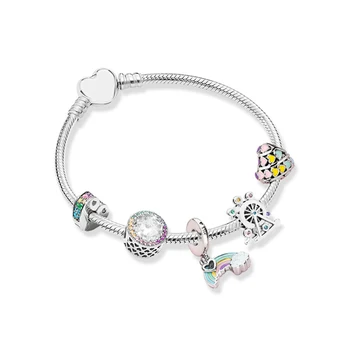 

Real 925 Sterling Silver Spring Multi-Colour Hearts Europe Bracelet Set Fit Original Women Bead Charm Bangle Gift DIY Jewelry