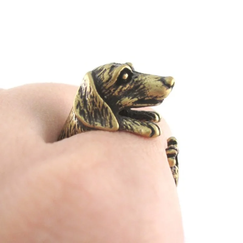 Dog Rings Antique Bronze Black Realistic Dachshund Dog Puppy Animal 3D Adjustable Finger Rings