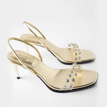 

ElisabetTang Summer Sandals For Women Stiletto High Heels Gold Sandals 2020 New Crystal Slingback Pumps Rivets Decoration Shoes