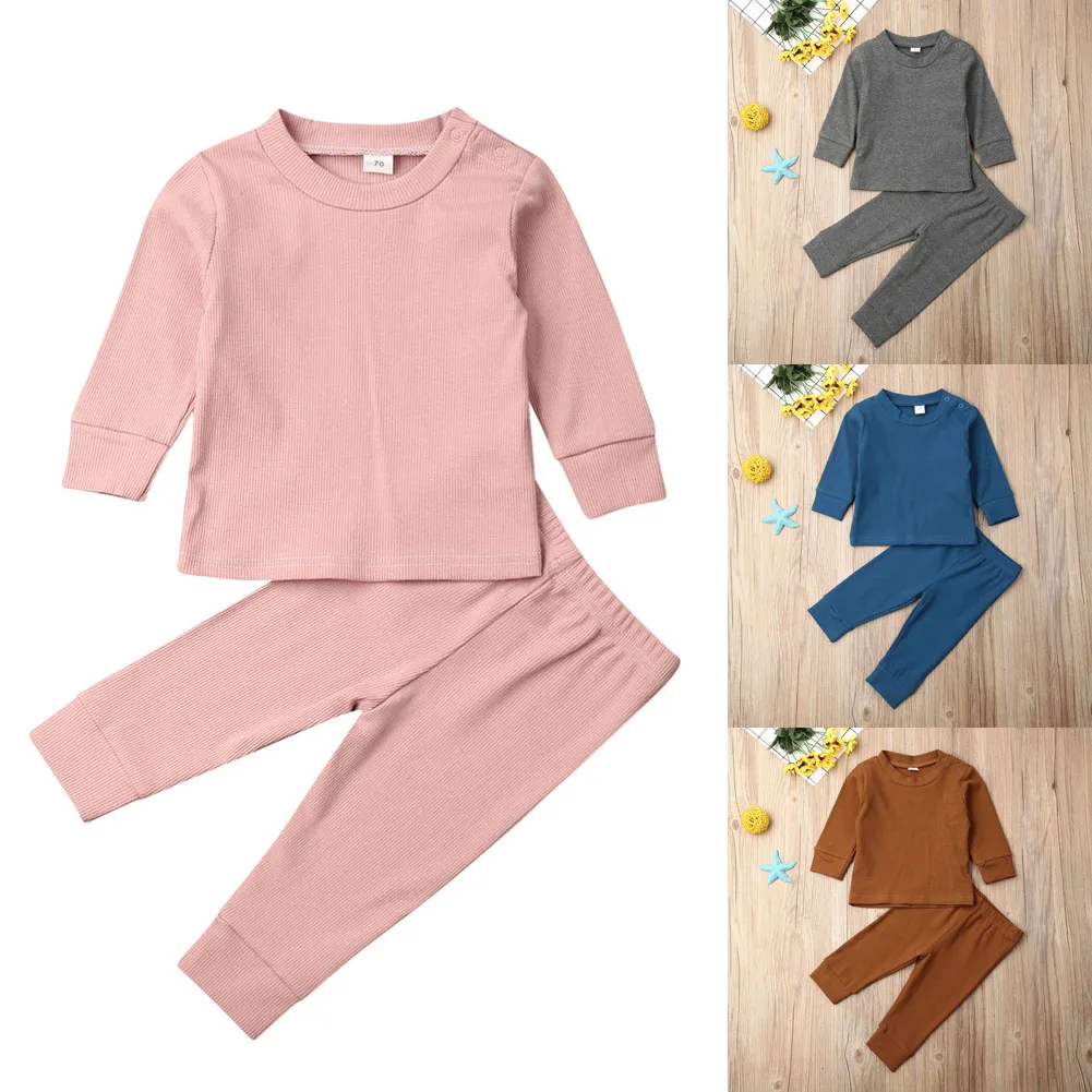 Повседневная Удобная Одежда для младенцев; комплект из 2 предметов: топ с длинными рукавами+ штаны; Однотонный костюм для новорожденных мальчиков и девочек