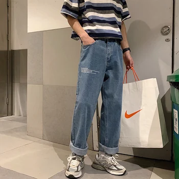 

2019 Autumn And Winter New Couple Neutral Korean Version Of The Personality Straight Blue Wide Leg Letters Embroidered Jeans