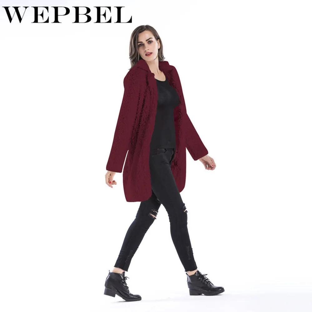 WEPBEL, Женское зимнее пальто из искусственного меха, Свободное пальто с отворотом, длинное меховое пальто-кардиган, женское толстое теплое пальто, плюс размер, плюшевое пальто