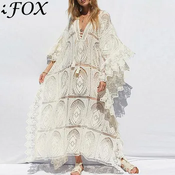 

Fashion White Women Lace Floral Hollow Out Long Beach Summer Dress Sexy V Neck Three Quarter Sleeve Sunscreen Solid Beachwear