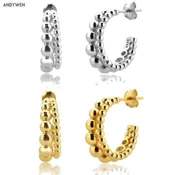

ANDYWEN 100% 925 Sterling Silver Gold 19mm Beads Two Circle Hoops Round Loop Large Piercing Large Thick Pendiente Jewelry