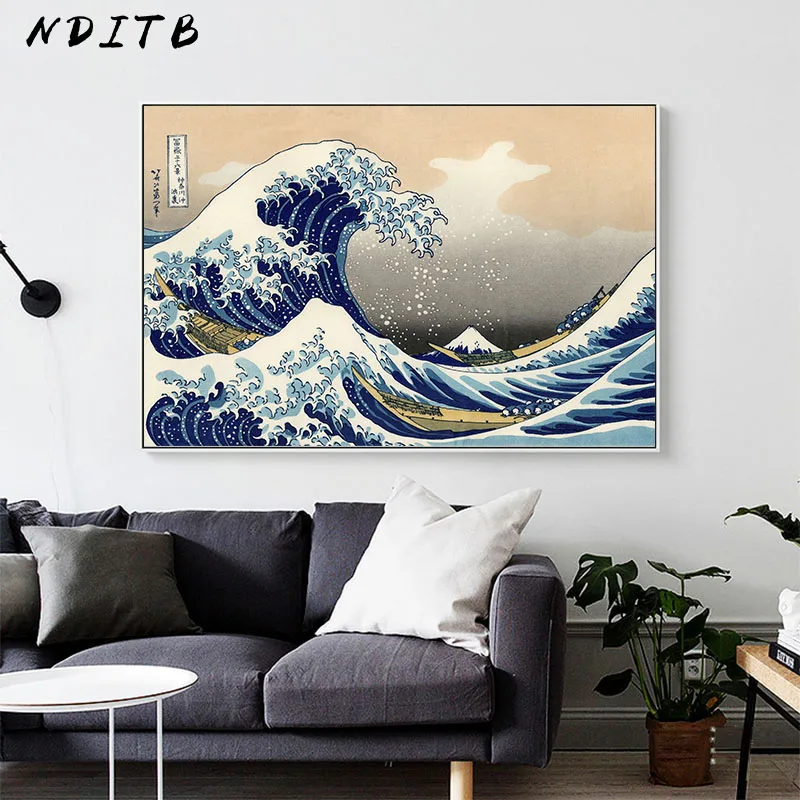 Большая волна Kanagawa Ukiyoe японское искусство винтажный настенный плакат холст