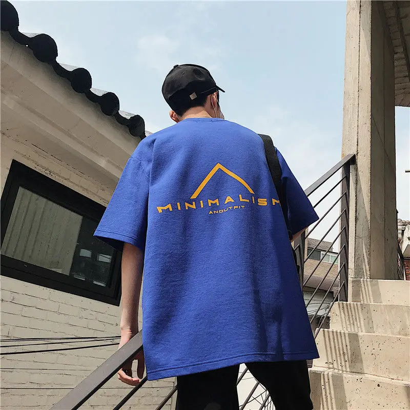 INS Korean Harajuku Blue Hip Hop T-shirts Men Women Spring Couple Short Sleeve Loose T Shirt Casual Letter Print Tshirts Boys | Мужская