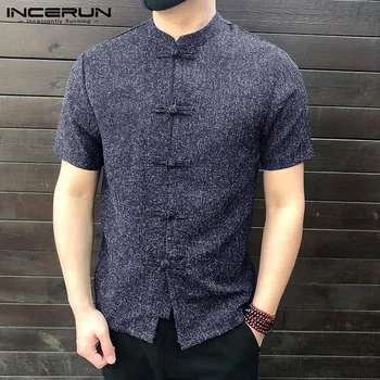 

INCERUN 2020 Chinese Style Men Shirt Button Stand Collar Short Sleeve Casual Loose Tops Solid Color Vintage Tang Suit Shirts Men