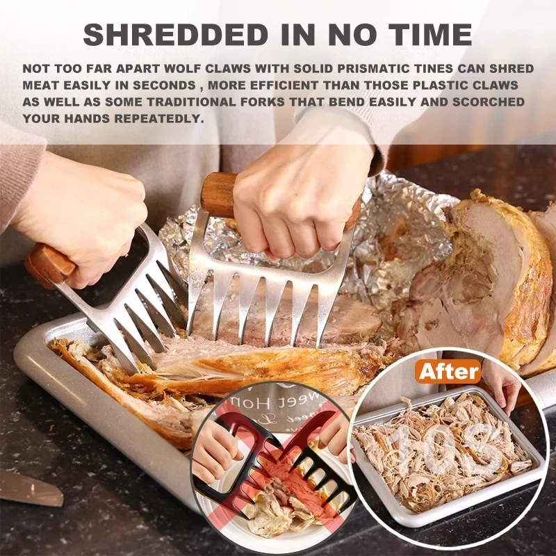 YOMEEI 2pcs BBQ Bear Claw Stainless Steel Bear Claw Wooden Handle Barbecue Fork BBQ Meats Splitter kitchen Cooking Tool
