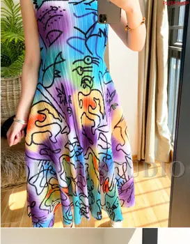 

Miyake Fold Super Temperament New Graffiti Sleeveless Slim Dress Elegant Vestidos Women Clothes Robe Shein Pleats Dresses