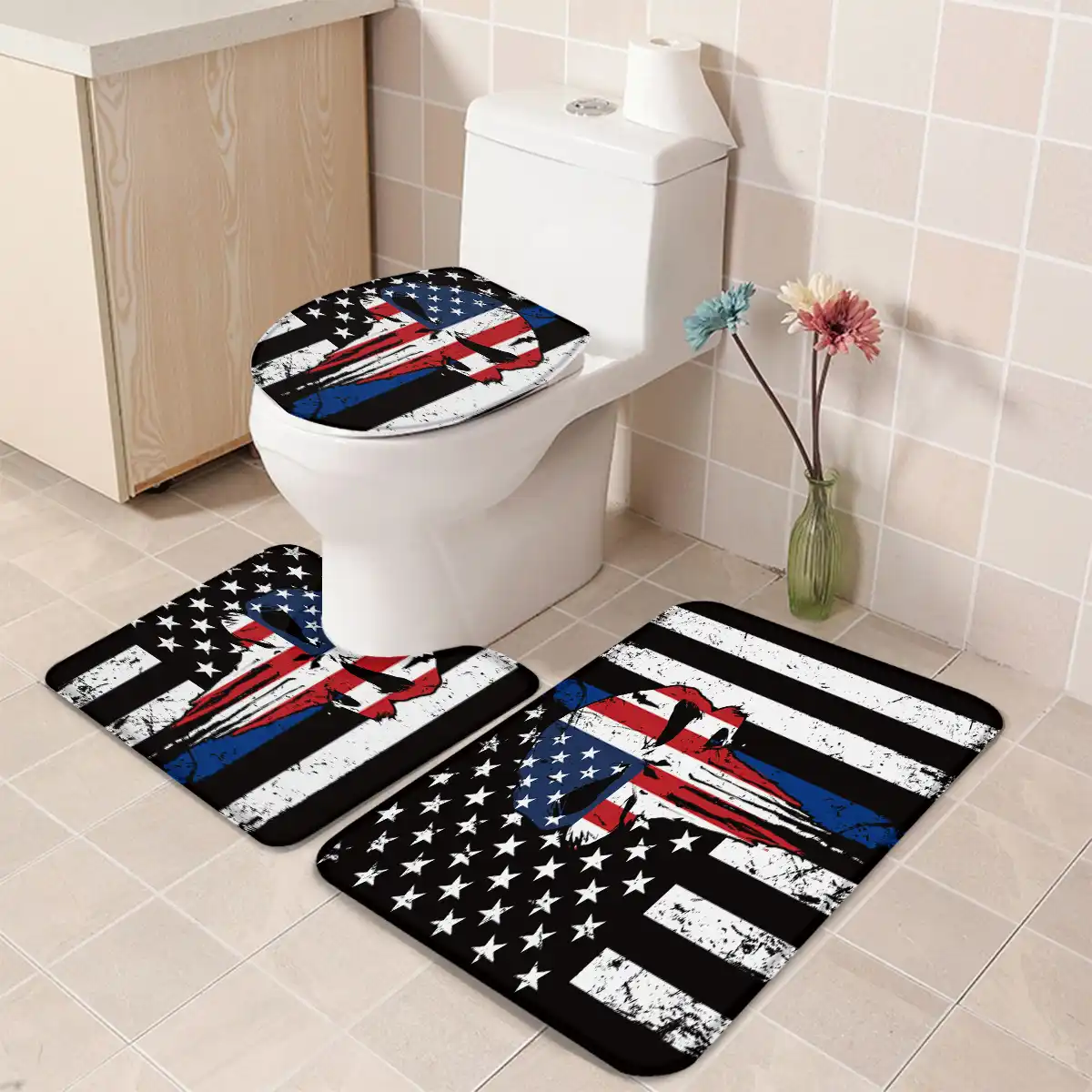 3 Pieces Bathroom Set Punisher Skull Blue Line American Flag Bath Set Toilet Cover Mat Pedestal Rug Non Slip Bathroom Rug Set Bathroom Accessories Sets Aliexpress