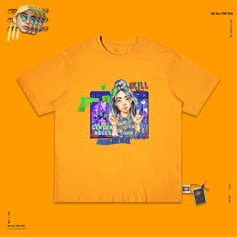 Rap Singer Pyrus Pear Periphery Billie Eilish Fluorescence Green Hip-hop Ins Loose Short Half Sleeve T Shirt - Цвет: yellow