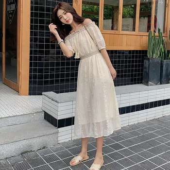 

New 2020 Spring Summer Women Dress Apricot Embroidery Lantern Sleeve Plus Size Dress Slash Neck Beach Style Chiffon Ladies Dress
