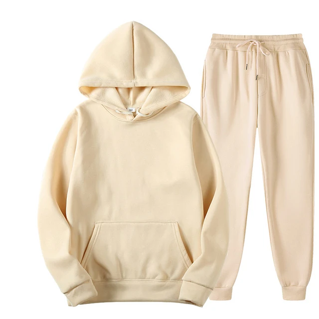 Two Piece Set Casual Fleece Tracksuit Women Winter 2020 Women's Sets Oversized Hooded Long Sleeve Hoodie Sport Pants Lady Suit beige