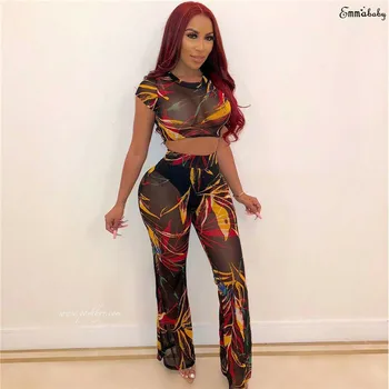 

Fashion 2019 Women Fashion O Neck Short Sleeve Printed T-shirt Crop Tops High Waist See Through Wide Leg Pants Jumpsuit 2pcs New