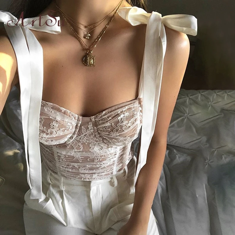 ArtSu 2019 Sexy Mesh Lace Tie Bow Straps Bralette Tank Top Off Soulder Bodycon Crop Top Spaghetti Vest Cropped Tops ASVE60475 ArtSu 2019 Sexy Mesh Lace Tie Bow Straps Bralette Tank Top Off Soulder Bodycon Crop Top Spaghetti Vest Cropped Tops ASVE60475
