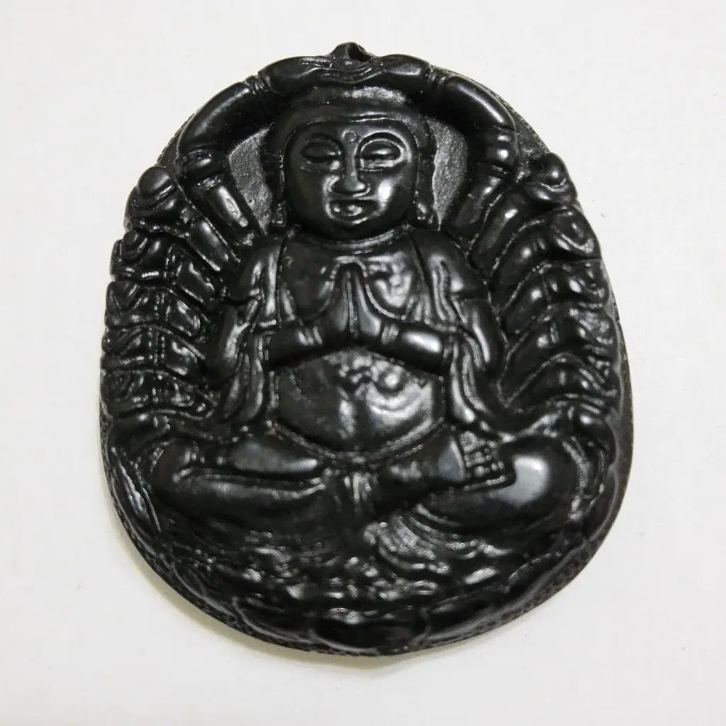 

Black Green Chalcedony Thousands Hands Kwan-Yin Tibetan Buddhism Amulet Pendant NO. 214